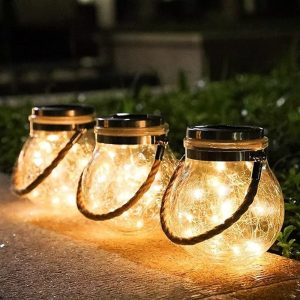 Solar Garden Lamp Crack Ball Glass Jar Portable Hanging Lantern